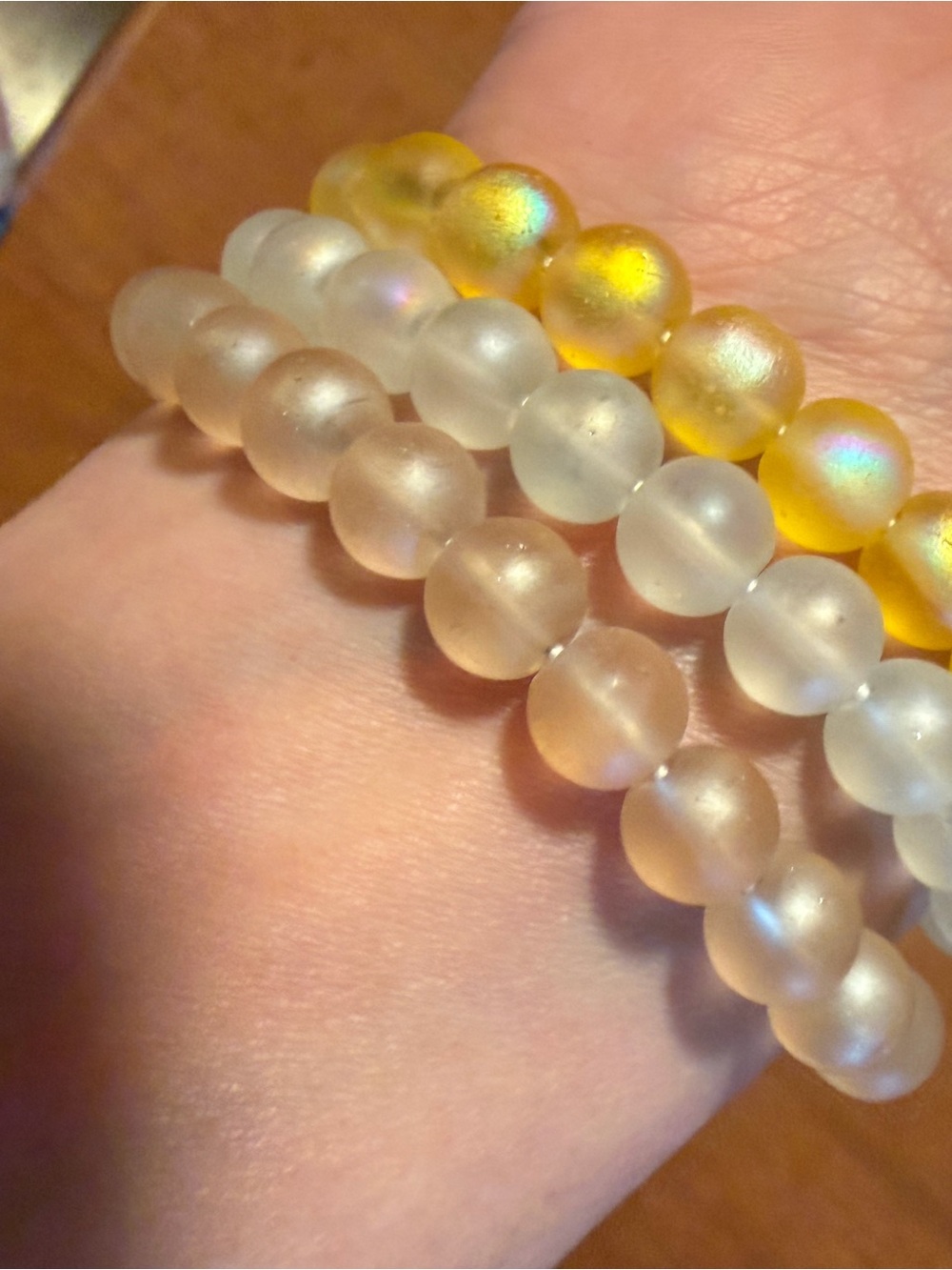 Handmade Frosted Glass Bead Bracelet Stack - Yellow & Frosted White